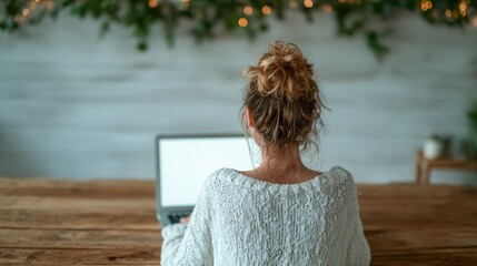 A woman seated at a rustic wooden table, focused on her laptop, surrounded by a warm and inviting atmosphere that fosters creativity during remote work.