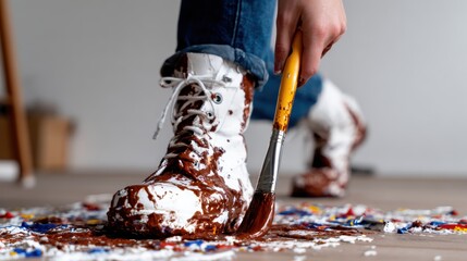An artist's feet adorned in paint-splattered boots, showcasing a vibrant and messy creativity moment, with colorful splashes reflecting the joyful chaos of the artistic process.