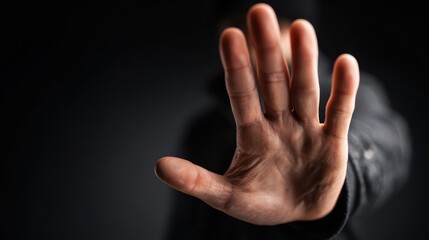A close-up view of a raised human hand with fingers spread, making a stop gesture against a dark background, symbolizing boundaries, personal space, or a call to halt.