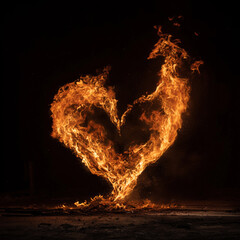 Heart Shape Made of Real Fire Flames Burning on Dark Background