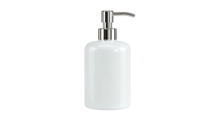 A gleaming white soap dispenser, showcasing its shiny chrome pump and clean, minimalist aesthetic