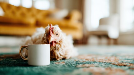 A whimsical scene featuring a chicken lounging near a coffee mug, epitomizing comfort and relaxation in a cozy home environment, blending humor with domestic life.