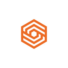 Modern abstract orange geometric hexagonal shape logo design, featuring an intricate linear pattern that suggests connection, innovation, and digital structure for professional branding