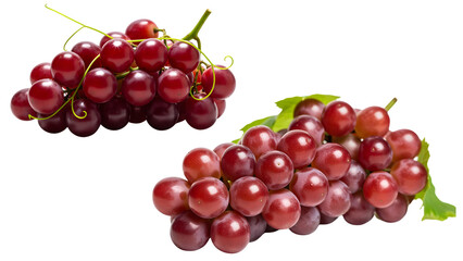 Two clusters of ripe, juicy, red grapes with green leaves and tendrils against a transparent background