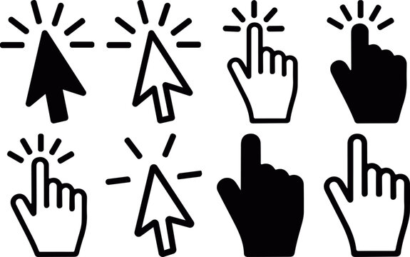 Click cursor hand icon set showing pointing and tapping gestures in flat vector, mouse pointer and hand click symbols collection, web cursor hand icon pack isolated