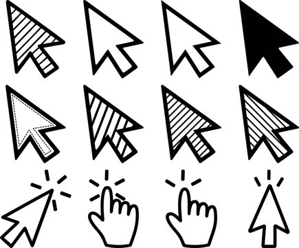 Arrow cursor icon collection featuring multiple pointer styles and click actions in flat vector, mouse arrow and hand click icon collection, web navigation cursor icons isolated