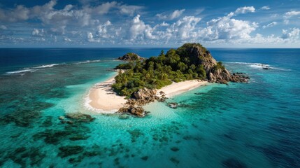 Fototapeta premium This tropical island showcases vibrant turquoise waters, white sandy beaches, and lush greenery. Perfect for sunbathing or adventure, it promises a tranquil escape in nature's beauty.