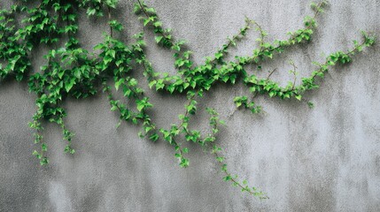 Bright green ivy grows along a rough gray wall, creating a natural contrast. The scene captures a calm outdoor space filled with greenery under daytime light.