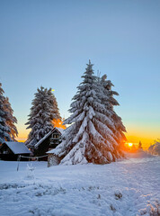 winter landscape with a house, winter village cottage