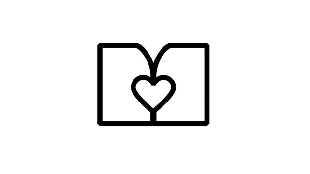 Book heart motion icon. Open book pages forming a heart shape representing education love for reading and literature appreciation.