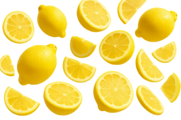 Floating vibrant lemons isolated on transparent background. concept of fresh citrus, summery design, juicy fruit illustration, kitchen decor, lemon slice art.