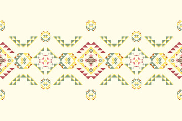 Ethnic Ikat embroidery oriental traditional Aztec floral paisley seamless pattern. Native textile geometric elements on white background. Tribal abstract style decor for fabric, ornaments, wallpaper