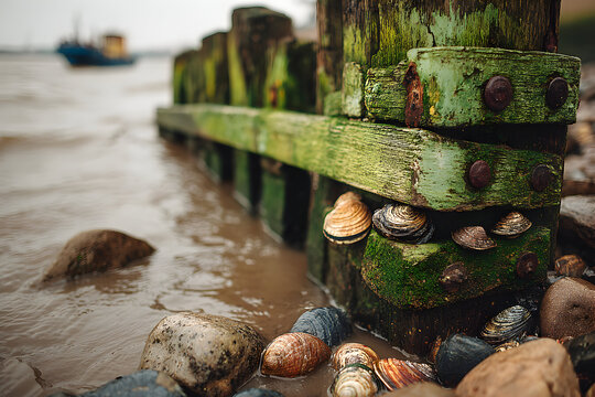 Weathered wooden pier with barnacles and a distant boat on the water.