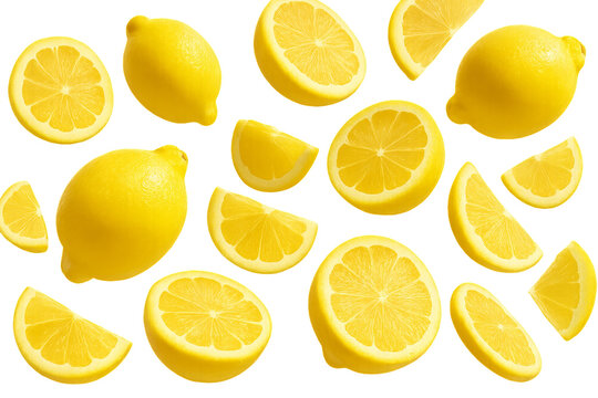 Floating vibrant lemons isolated on transparent background. concept of fresh citrus, summery design, juicy fruit illustration, kitchen decor, lemon slice art.