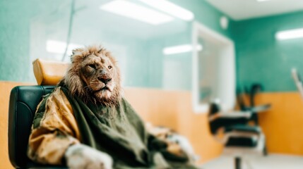A lion sitting in a barber chair wearing a grooming cape offers a humorous and surreal twist to the concept of grooming, blending reality with enchantment in a unique salon environment.