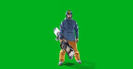 Snowboarding rider isolated on green screen.