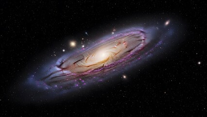 A glowing blue planet surrounded by stars and a spiral galaxy shining in the dark universe