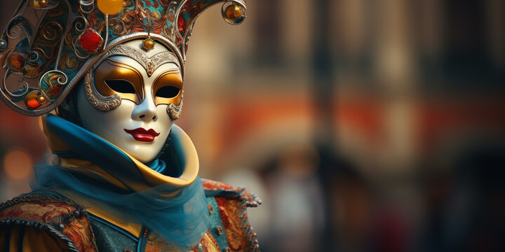 Person with Venice carnival mask multicolored with blurred background