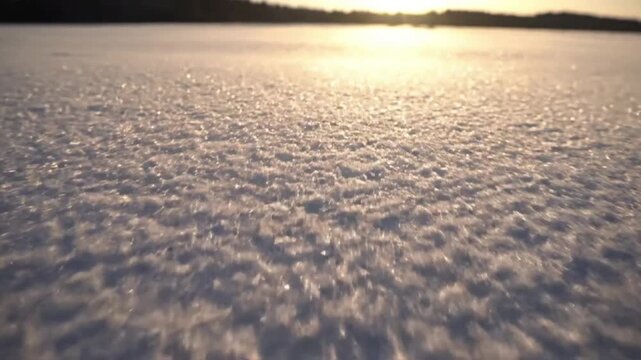 Sunlit Snowfield Glint Wide shot, slightly elevated, capturing a vast snowfield with intense sunlit sparkles