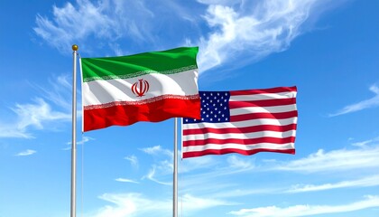 Fototapeta premium United States and Iran flags flying side by side on flagpoles against a bright blue sky with wispy clouds, symbolizing international relations.
