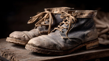 Worn and weathered work boots on a wooden surface.
