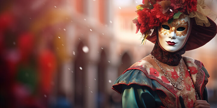 Person with Venice carnival mask multicolored with blurred background