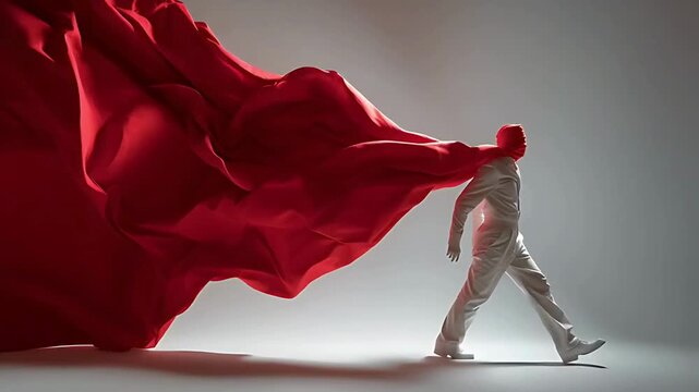 Human figure covering their face with a red silk cloth representing strong, revolution and leadership 