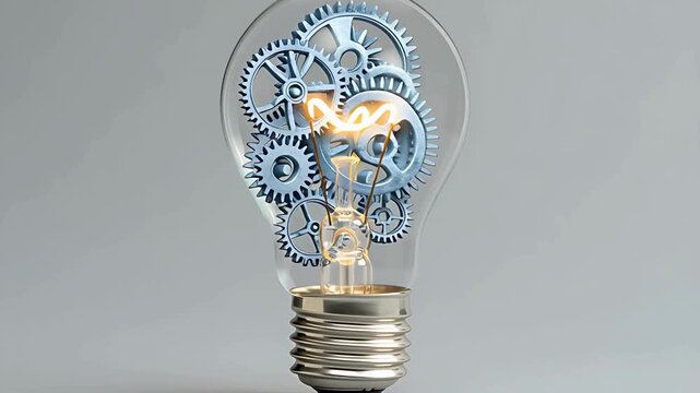 light bulb on white background filled with electricity and engines and gears 