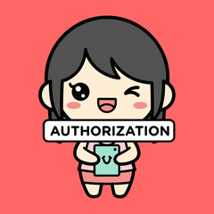 Obraz premium Cartoon girl holding authorization sign isolated on transparent background