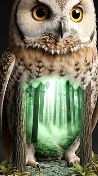 A majestic, intricately detailed owl with piercing yellow eyes serves as a symbolic frame for a mystical forest landscape. Within its body, a verdant, misty woodland appears, featuring tall trees, lus