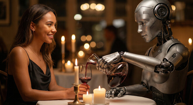 Robot on romantic dinner date with woman pouring wine candlelit restaurant futuristic AI love android human couple. 