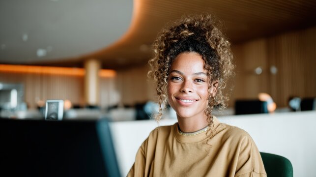 A young woman with curly hair smiles warmly in a modern coffee shop, capturing the essence of positivity, community, and the joys of social interactions in contemporary urban life. - Powered by Adobe