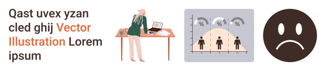 Fototapeta premium Workplace productivity, research analysis, emotional health, business presentations, visual data analytics, corporate wellness. A woman working at a desk, a graph and a sad face icon. Workplace