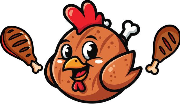 Adorable cartoon chicken mascot happily holding two roasted drumsticks with a bone sticking out suggesting delicious poultry food