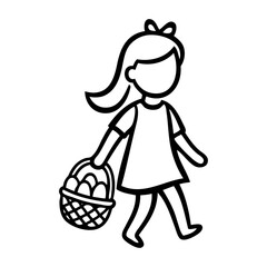 Dibujo sencillo de una ni&ntilde;a de pie sosteniendo en la mano una cesta llena de huevos de pascua, buscando dulces