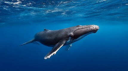 Obraz premium A majestic humpback whale glides gracefully through clear blue ocean water under gentle sunlight rays
