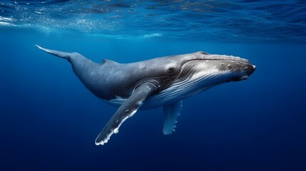 Fototapeta premium A majestic humpback whale glides through the clear deep blue ocean waters near the surface