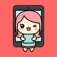 Cute girl taking selfie on tablet isolated on transparent background