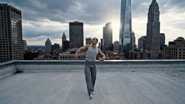 Woman Dancing on Rooftop with City Skyline.