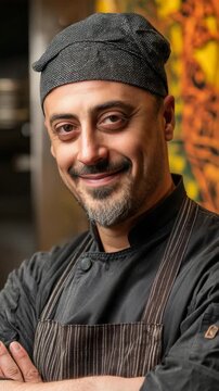 Portrait of a smiling male chef in uniform with crossed arms in a professional kitchen setting