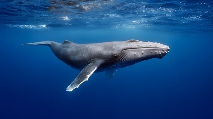 Fototapeta premium A majestic humpback whale glides gracefully through the clear blue ocean waters