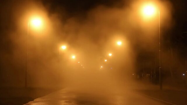 Misty Urban Night Wide shot of a deserted street or park path lined with multiple streetlights, each casting a distinct halo through the thick fog, creating a sense of depth and isolation.