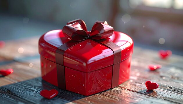 Red Gift Box with Ribbon on Wooden Surface.
