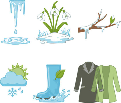 Professional seasonal transition icons. Detailed vector set featuring melting ice, snowdrops, and spring buds. Green and blue transition graphics isolated on white background.