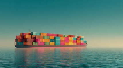 Transport ship, colorful containers arranged in geometric patterns, minimalist seascape, 3D illustration.