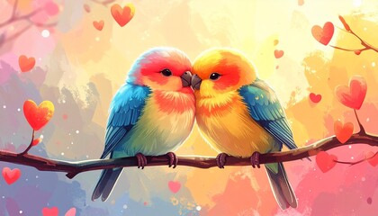 Lovebirds Perched on Branch with Hearts.