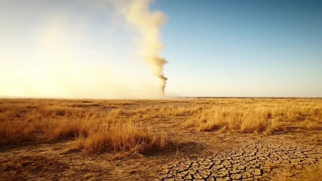 Multiple Vortices Wide shot showing several slender dust devils emerging and moving across the horizon of a parched savanna plain.