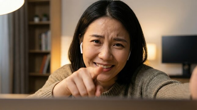 Young asian woman laughing and pointing directly at the viewer with wireless earbuds during a video call in a cozy home environment.