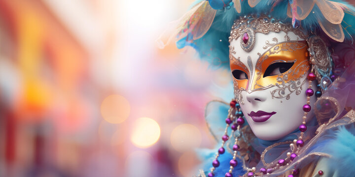 Person with Venice carnival mask multicolored with blurred background
