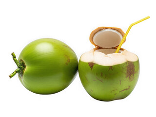 Fresh coconut with straw, isolated on transparent background